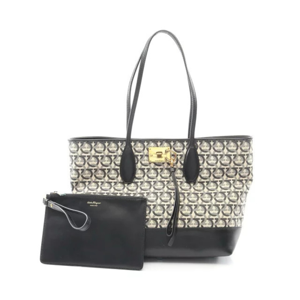 Salvatore Ferragamo Gancini Tote Bag Canvas Leather Black Beige Cream